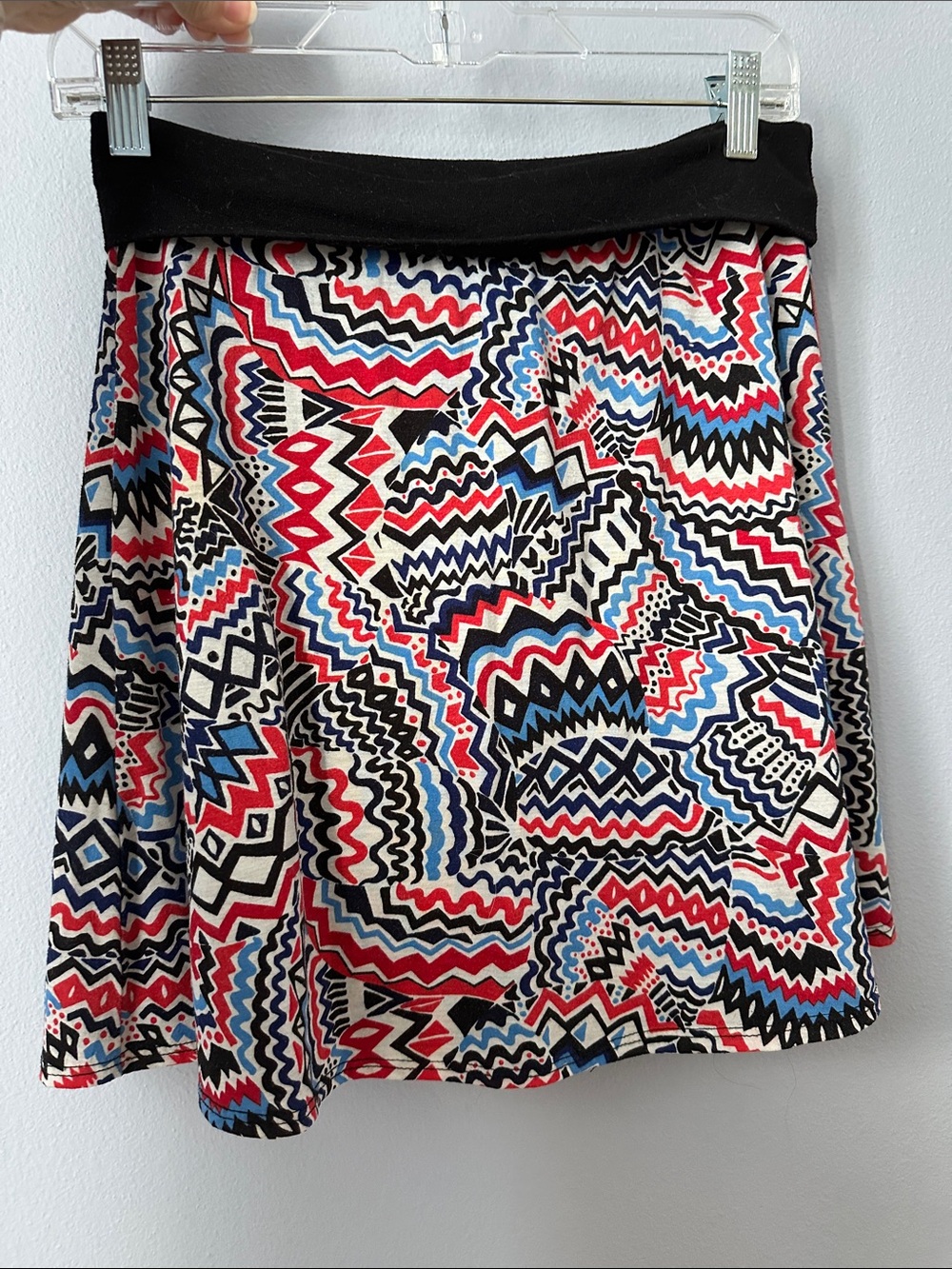 Wurl Black Waistband Skater Skirt with Red, Blue & Cream Tribal Print